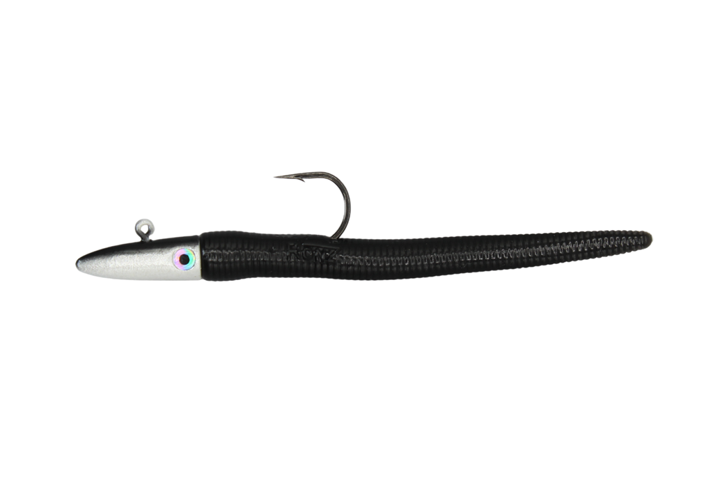 A soft plastic fishing lure with a black body, a silver head, and a small purple accent, featuring a single hook attached at the top.