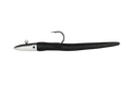 A soft plastic fishing lure with a black body, a silver head, and a small purple accent, featuring a single hook attached at the top.