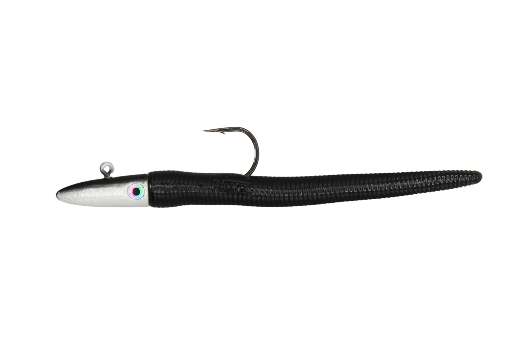 A soft plastic fishing lure with a black body, a silver head, and a small purple accent, featuring a single hook attached at the top.