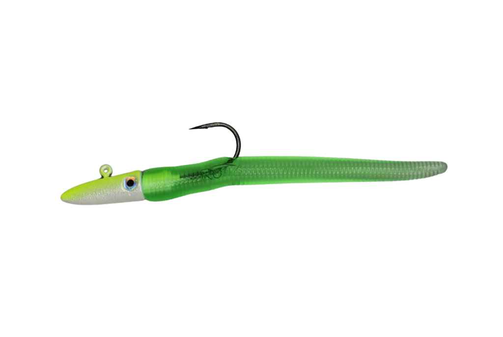 A green soft plastic fishing lure with a white front, black hook, and realistic eye detail, shown against a plain white background.
