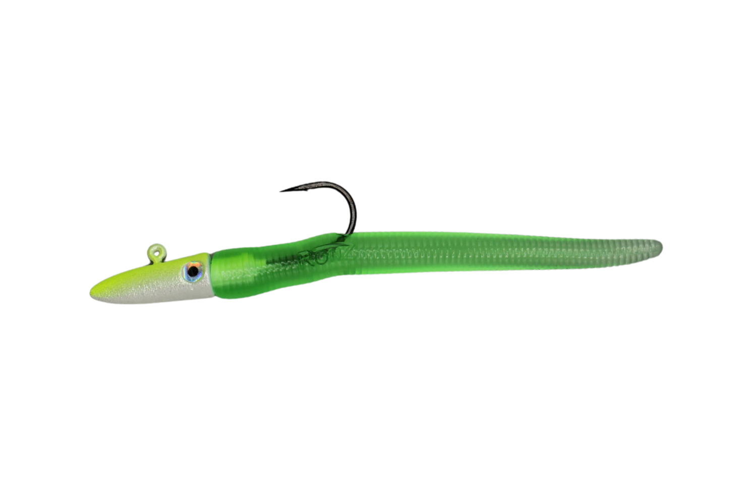 A green soft plastic fishing lure with a white front, black hook, and realistic eye detail, shown against a plain white background.