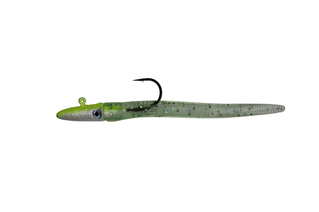 A soft plastic fishing lure shaped like a small lizard, featuring a bright lime green head, a speckled olive-green body, and a black hook attached at the center, shown against a solid white background.