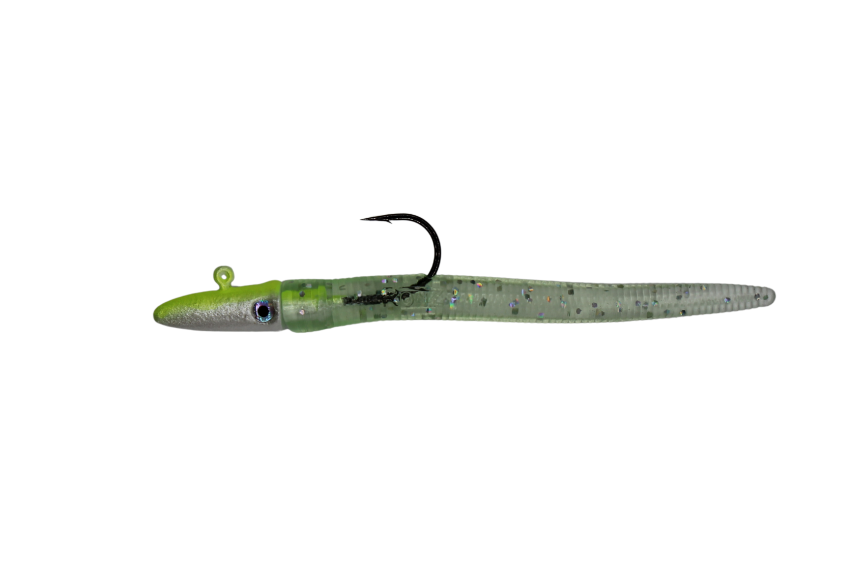 A soft plastic fishing lure shaped like a small lizard, featuring a bright lime green head, a speckled olive-green body, and a black hook attached at the center, shown against a solid white background.