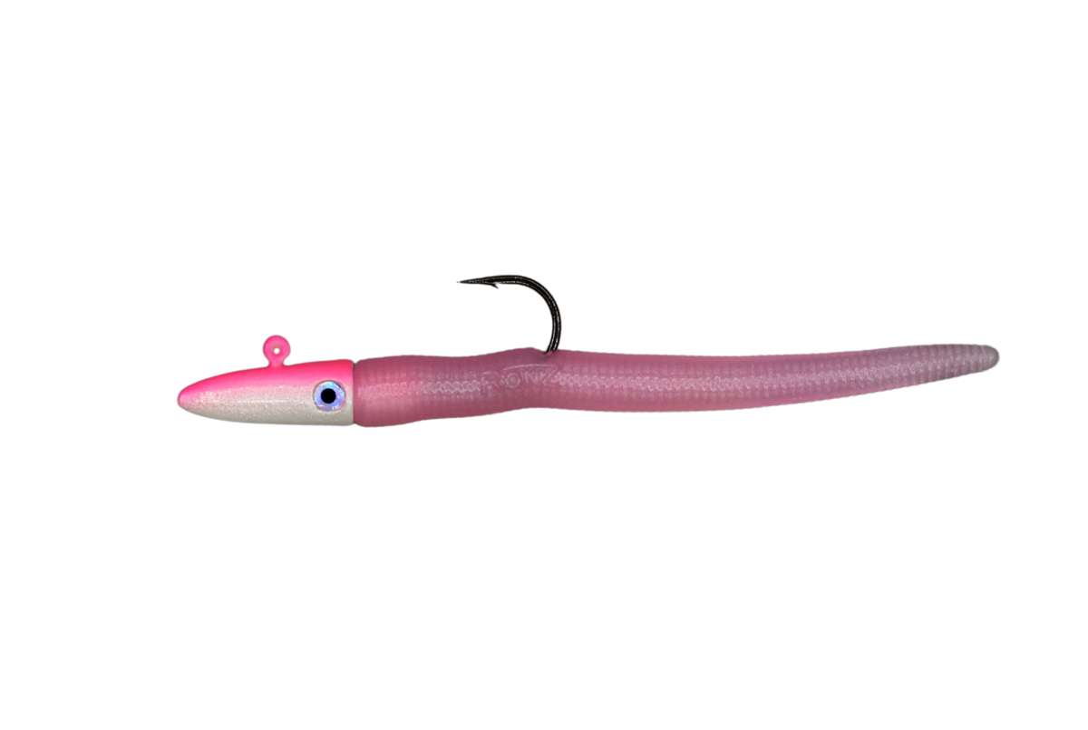 A soft plastic fishing lure shaped like a worm, featuring a pink body, a white head, and a small black hook attached behind the head, shown on a plain white background.