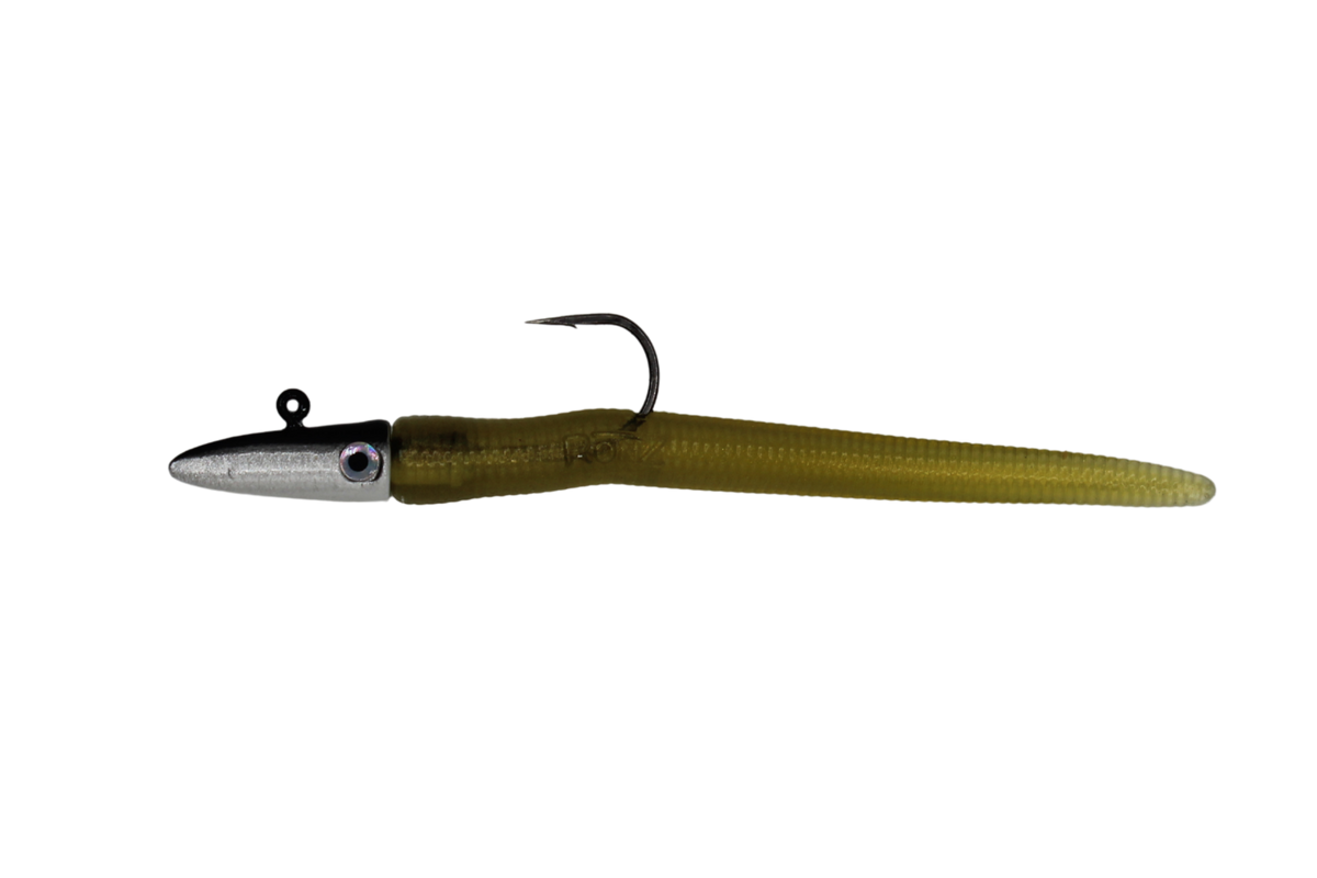 A soft plastic fishing lure with a metallic silver jointed head, black eye detail, and a single hook attached to an olive green body, shown against a solid white background.