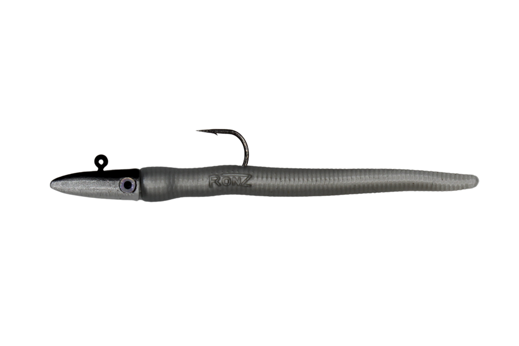 A soft plastic fishing lure shaped like a small baitfish, shown on a plain white background. The lure is primarily a dark olive-gray with a black head and a small metal eye, with a single hook attached behind the head.