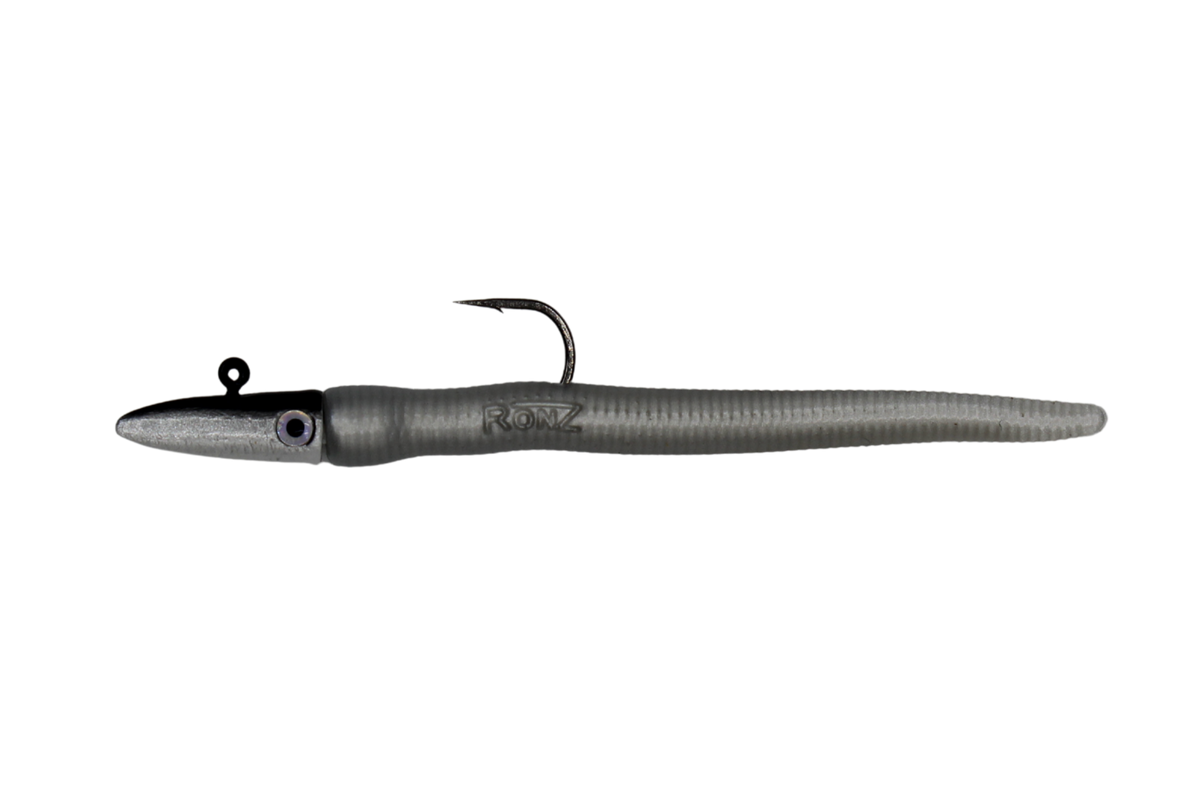 A soft plastic fishing lure shaped like a small baitfish, shown on a plain white background. The lure is primarily a dark olive-gray with a black head and a small metal eye, with a single hook attached behind the head.