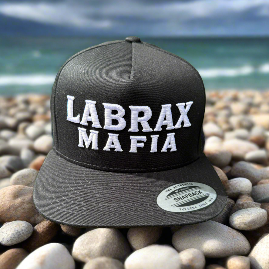 Labrax Mafia Snapback: Black Labrax Mafia snapback hat with white embossed branding
