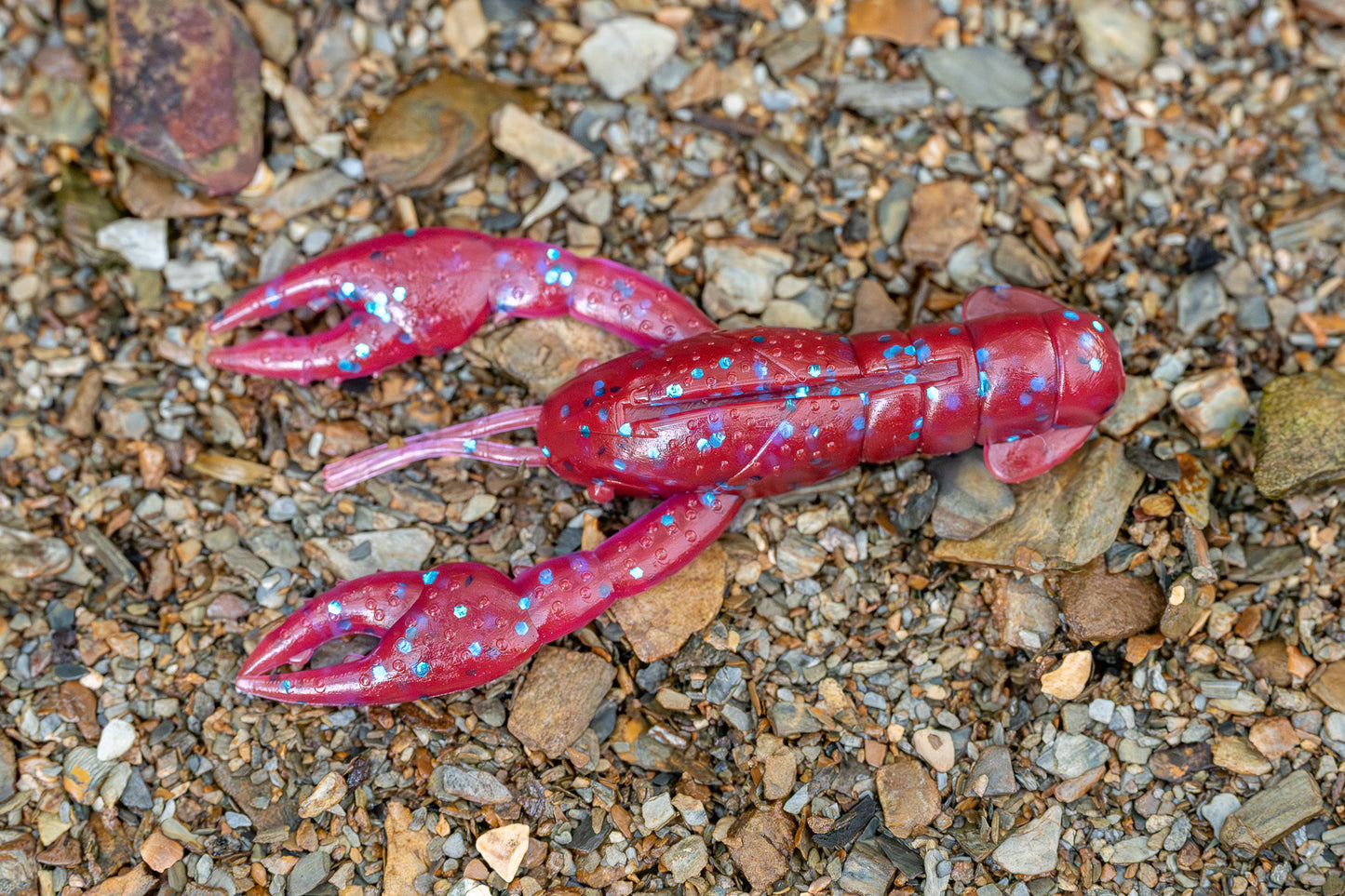 Red plastic crayfish toy on a gravel surface