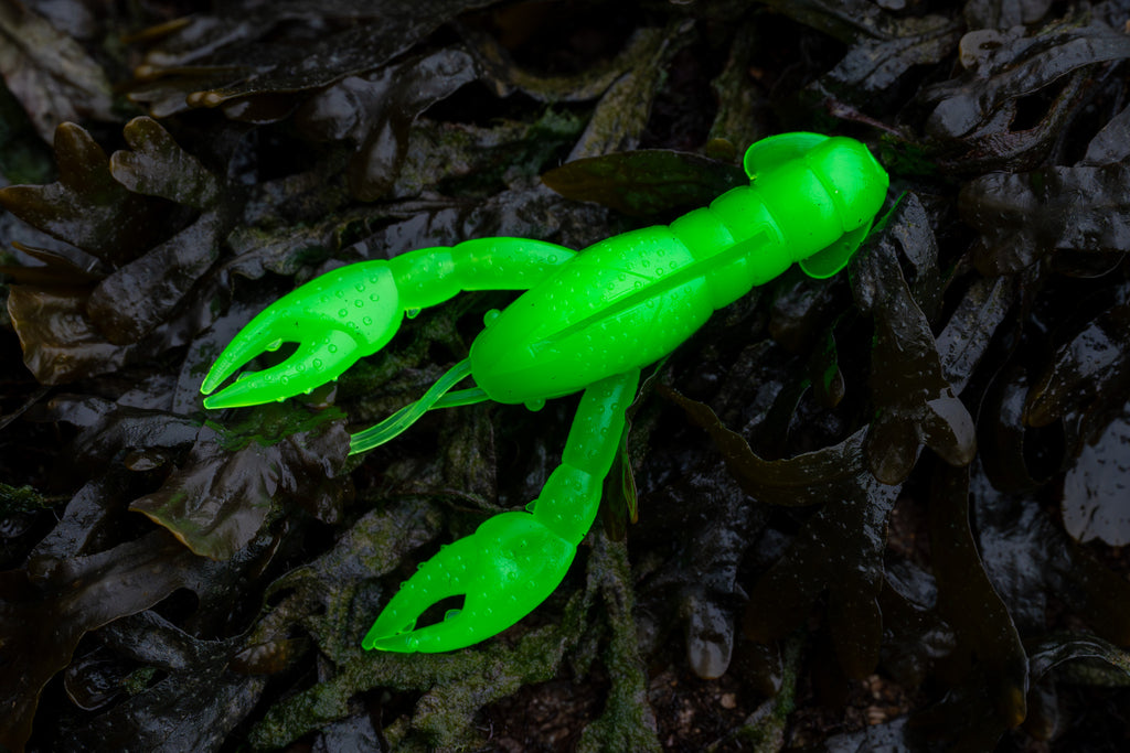 Glowing green plastic lobster toy on dark leafy background