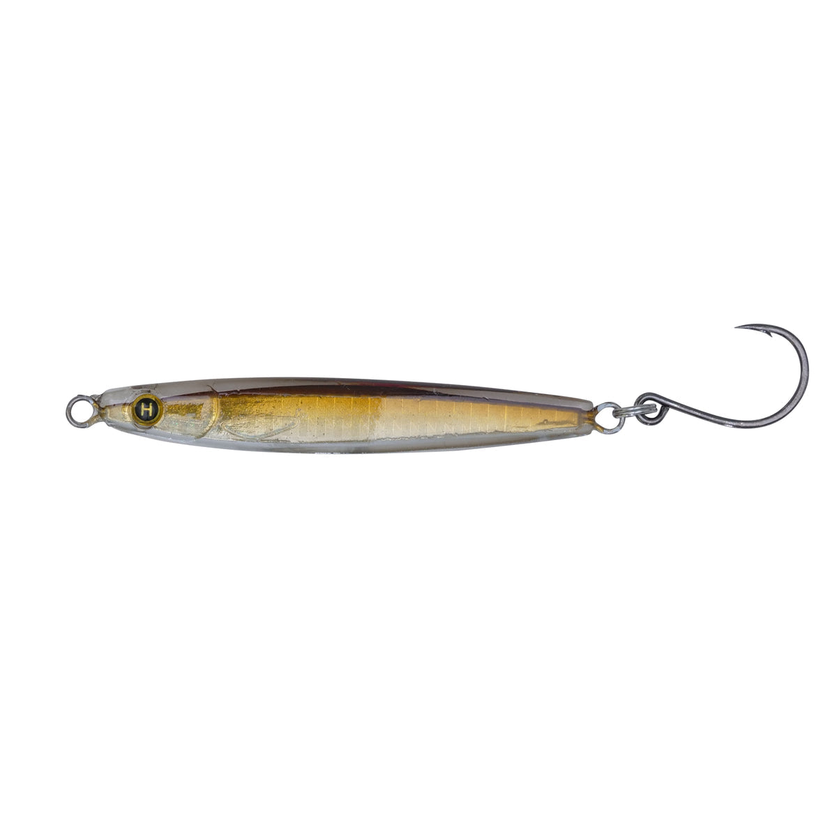 A hard bait fishing lure with a silver body, a gold-tan back, and a dark top stripe, featuring a realistic eye and a single hook attached on the right side, shown against a plain white background.