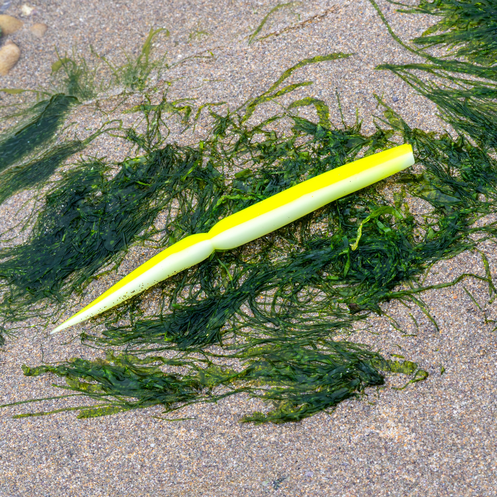 A bright yellow and white silicone fishing lure with a ribbed body, lying on a sandy beach surrounded by green seaweed.