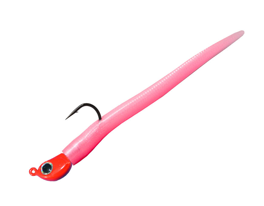 A pink soft plastic fishing lure with a red head, black eye detail, and a single black hook, shown on a plain white background.