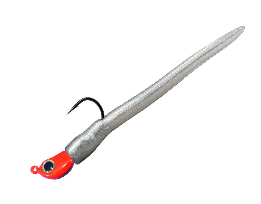 A soft plastic fishing lure with a textured silver body, a bright red head, and a black hook, shown on a plain white background.