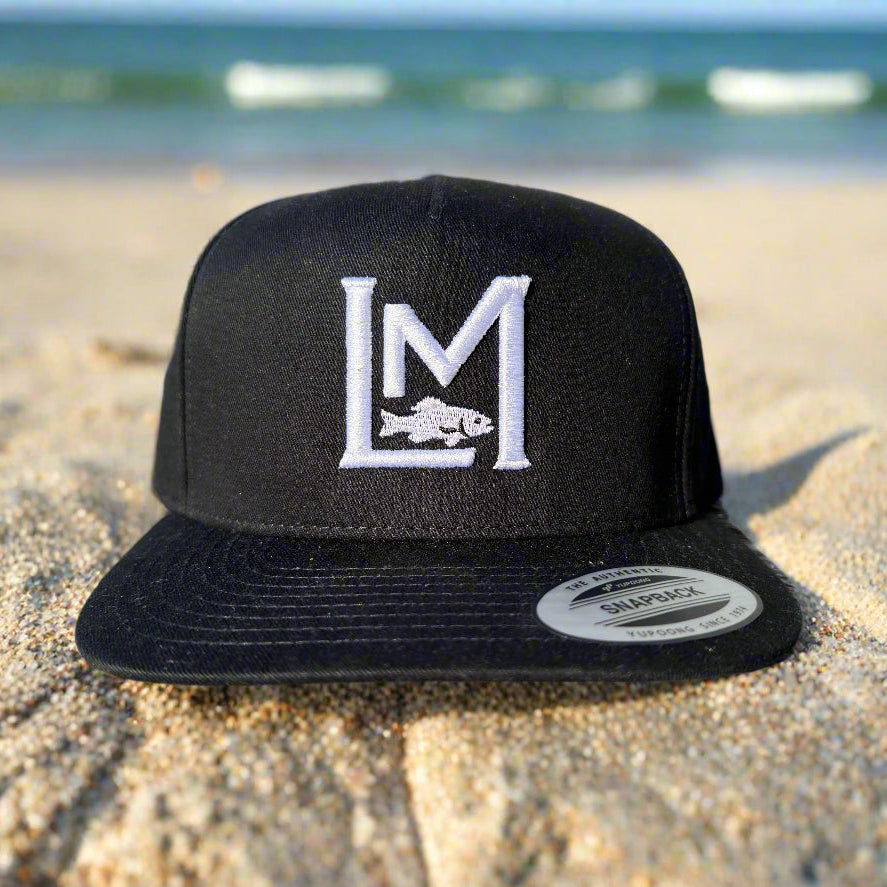 LM Snapback: Black LM snapback fishing hat with white embossed logo