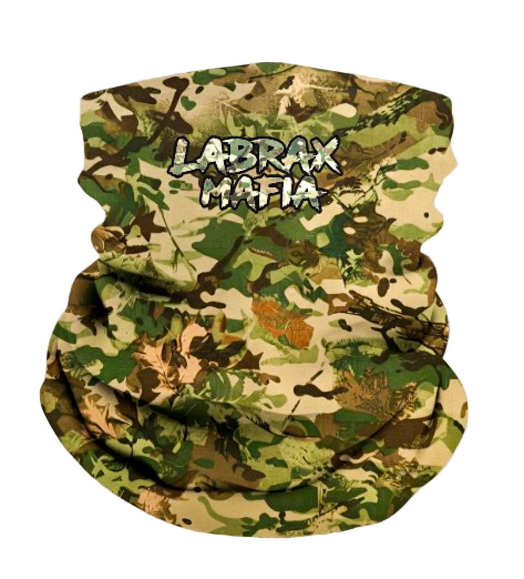 Labrax Mafia camo snood in woodland camo — UV protection fishing neck gaiter