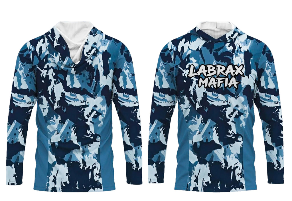 Labrax Mafia UPF 50+ hooded sun top in blue camo — front and back view