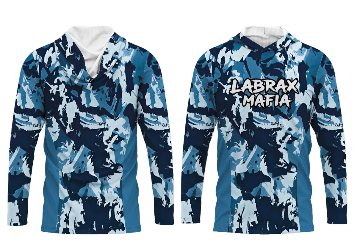 Labrax Mafia UPF 50+ hooded sun top in blue camo — front and back view