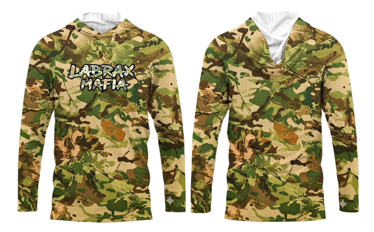 Labrax Mafia UPF 50+ hooded sun top in woodland camo — front and back view
