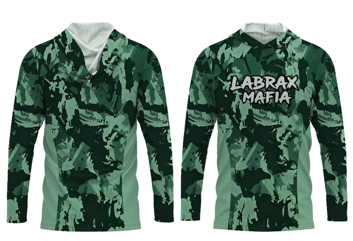Labrax Mafia UPF 50+ hooded sun top in green camo — front and back view