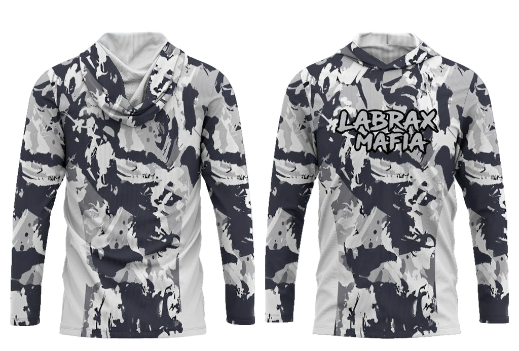 Labrax Mafia UPF 50+ hooded sun top in grey camo — front and back view