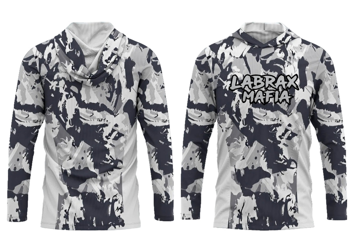 Labrax Mafia UPF 50+ hooded sun top in grey camo — front and back view