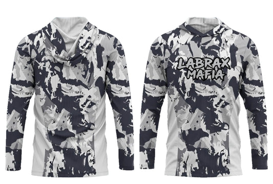 Labrax Mafia UPF 50+ hooded sun top in grey camo — front and back view