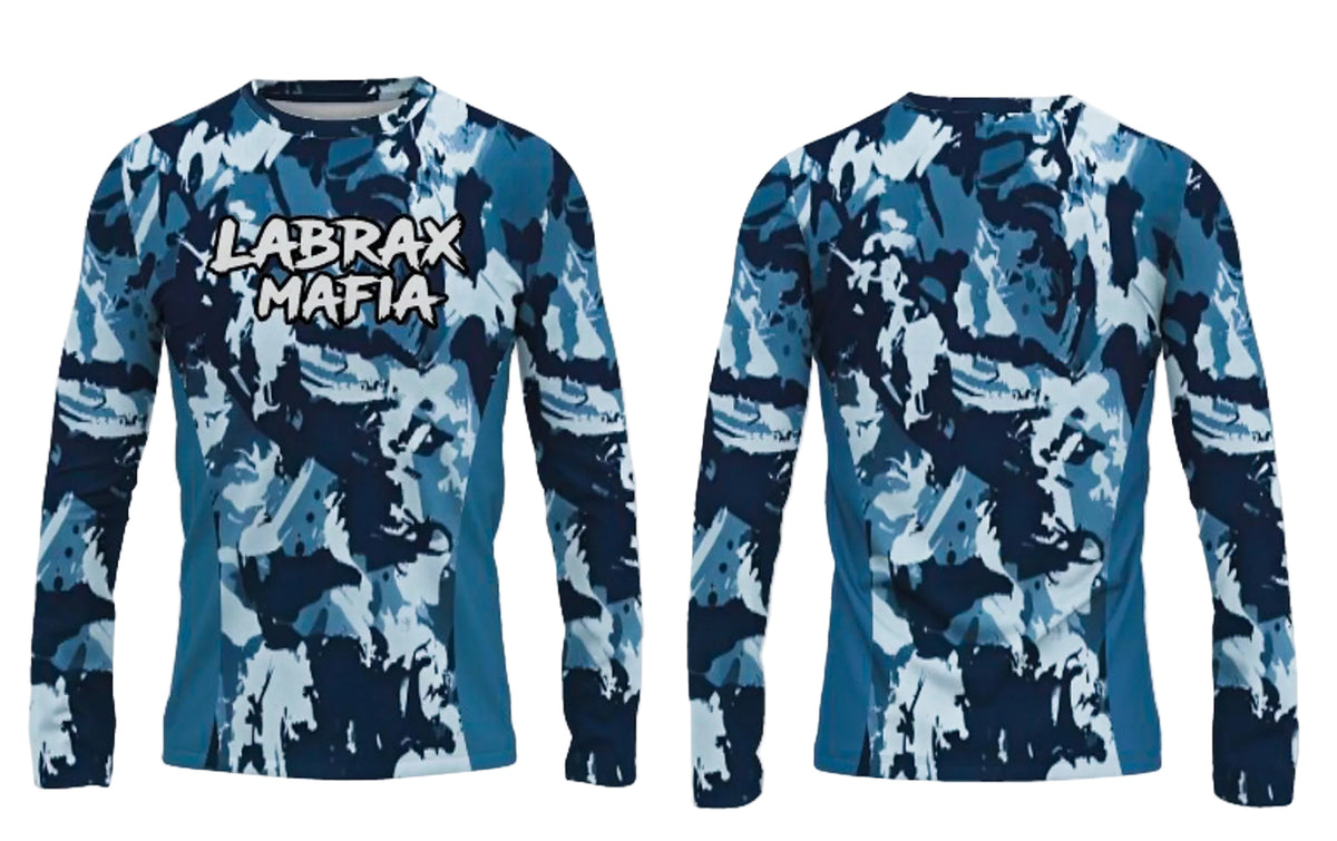 Labrax Mafia UPF 50+ long sleeve sun top in blue camo — front and back view