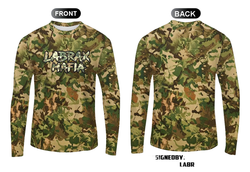 Labrax Mafia UPF 50+ long sleeve sun top in woodland camo — front and back view