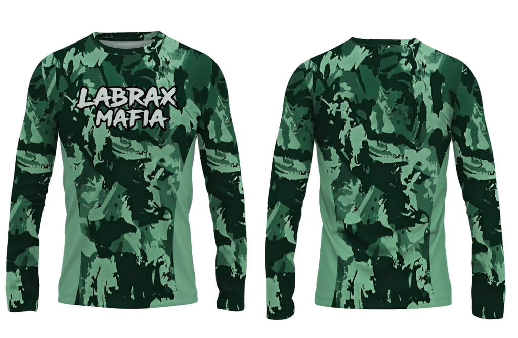 Labrax Mafia UPF 50+ long sleeve sun top in green camo — front and back view