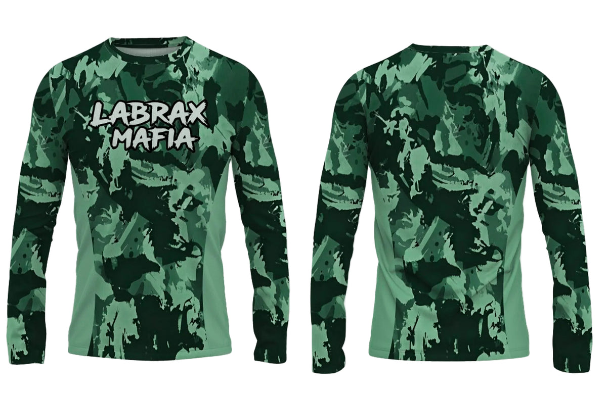 Labrax Mafia UPF 50+ long sleeve sun top in green camo — front and back view