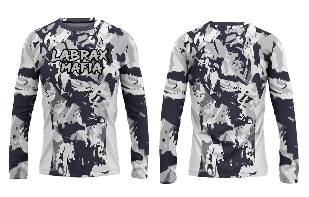 Labrax Mafia UPF 50+ long sleeve sun top in grey camo — front and back view