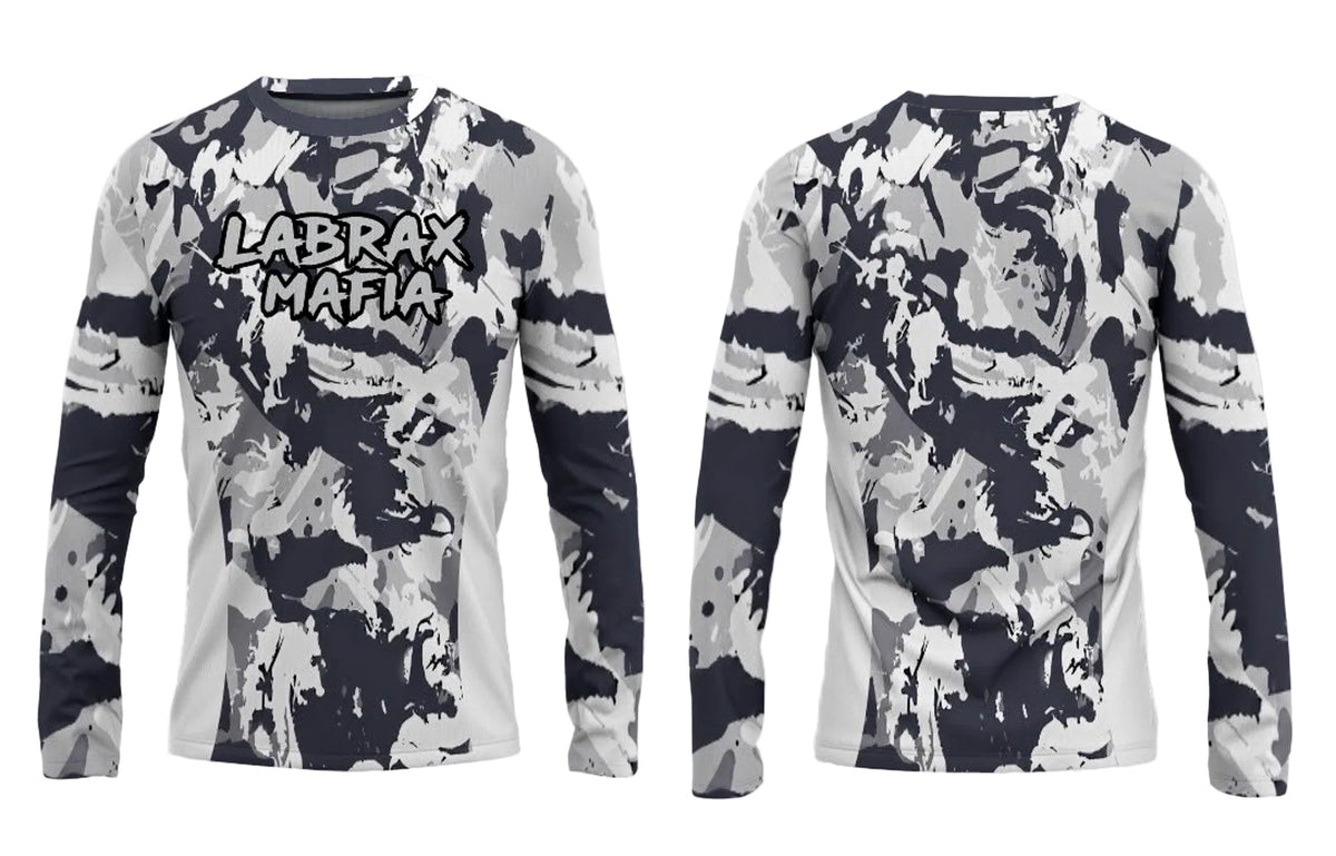 Labrax Mafia UPF 50+ long sleeve sun top in grey camo — front and back view